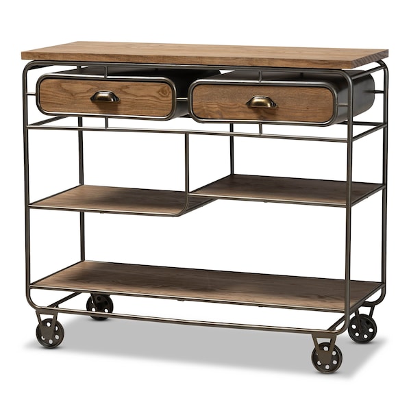 Baxton Studio Grant Vintage Oak Brown Finished Wood and Black Finished Metal 2-Drawer Kitchen Cart 177-11201-Zoro - main